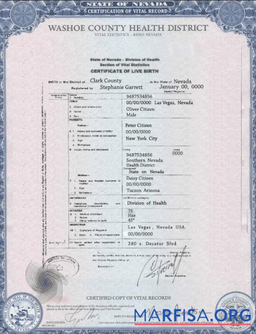 Printable USA Nevada state birth certificate template in PSD format